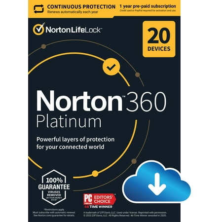 Norton 360 Platinum, Antivirus Software, 20 Device, 1 Year with Auto Renewal, PC/Mac Download