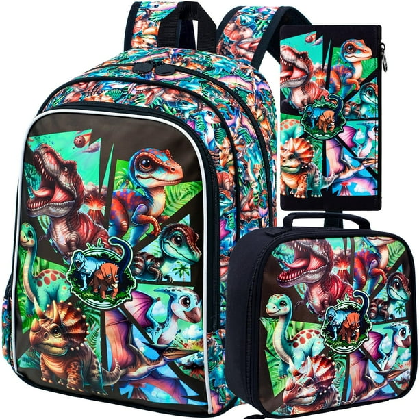 Set de Mochilas AGSDON 3 PIEZAS para Niños, Dinosaurio 16" con Lonchera