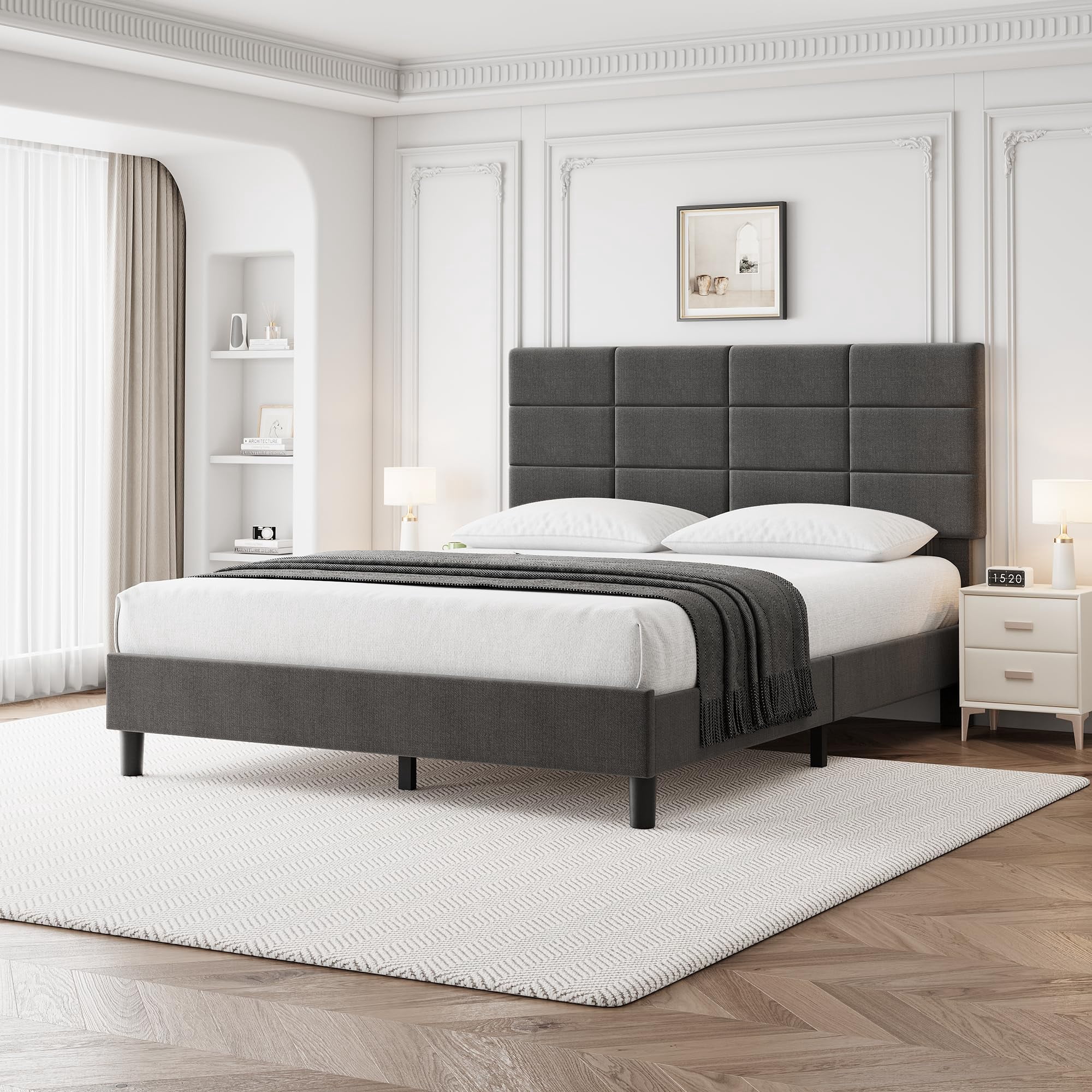 TROPOW Queen Bed Frame,with Adjustable Headboard,Linen Upholstered Queen Platform Bed Frame with Wooden Slats Support, Mattress Foundation and No Box Spring Needed, Dark Grey