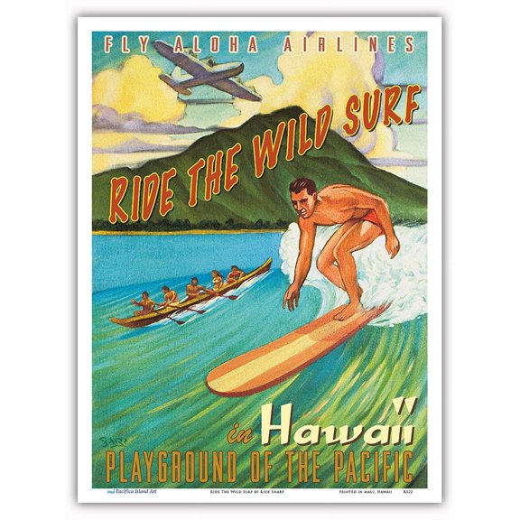 Ride the Wild Surf in Hawaii - Playground of the Pacific - Fly Aloha Airlines - Vintage Hawaiian Travel Poster by Rick Sharp - Master Art Print (Unframed) 9in x 12in