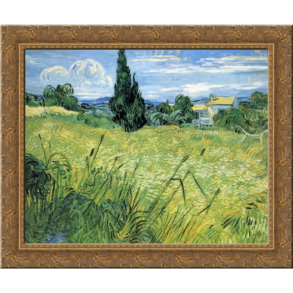 Green Wheat Field with Cypress 24x20 Gold Ornate Wood Framed Canvas Art by Vincent van Gogh