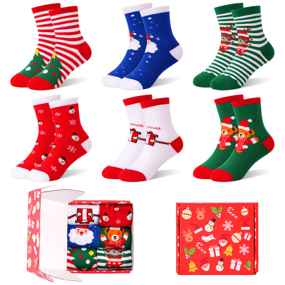 Toddler Christmas Socks, 6 Pairs Toddler Kids Crew Xmas Socks Newborn Gift Box Christmas Socks for 0-9 Years Girls Boys