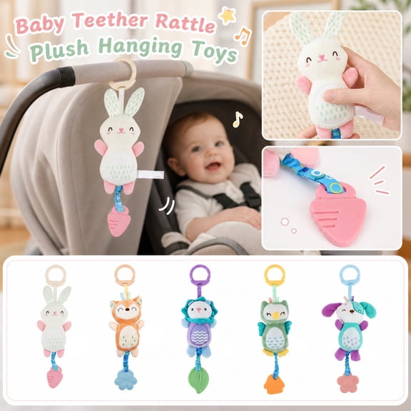 Kiddiway Mami&Beby Baby Plush Rattle Teether Hanging Toy - Cute Plushies & Plush Figurine, Baby Rattles & Plush Rings, Soft Animal Teether, Sensory Play, Car Stroller Hanging,a