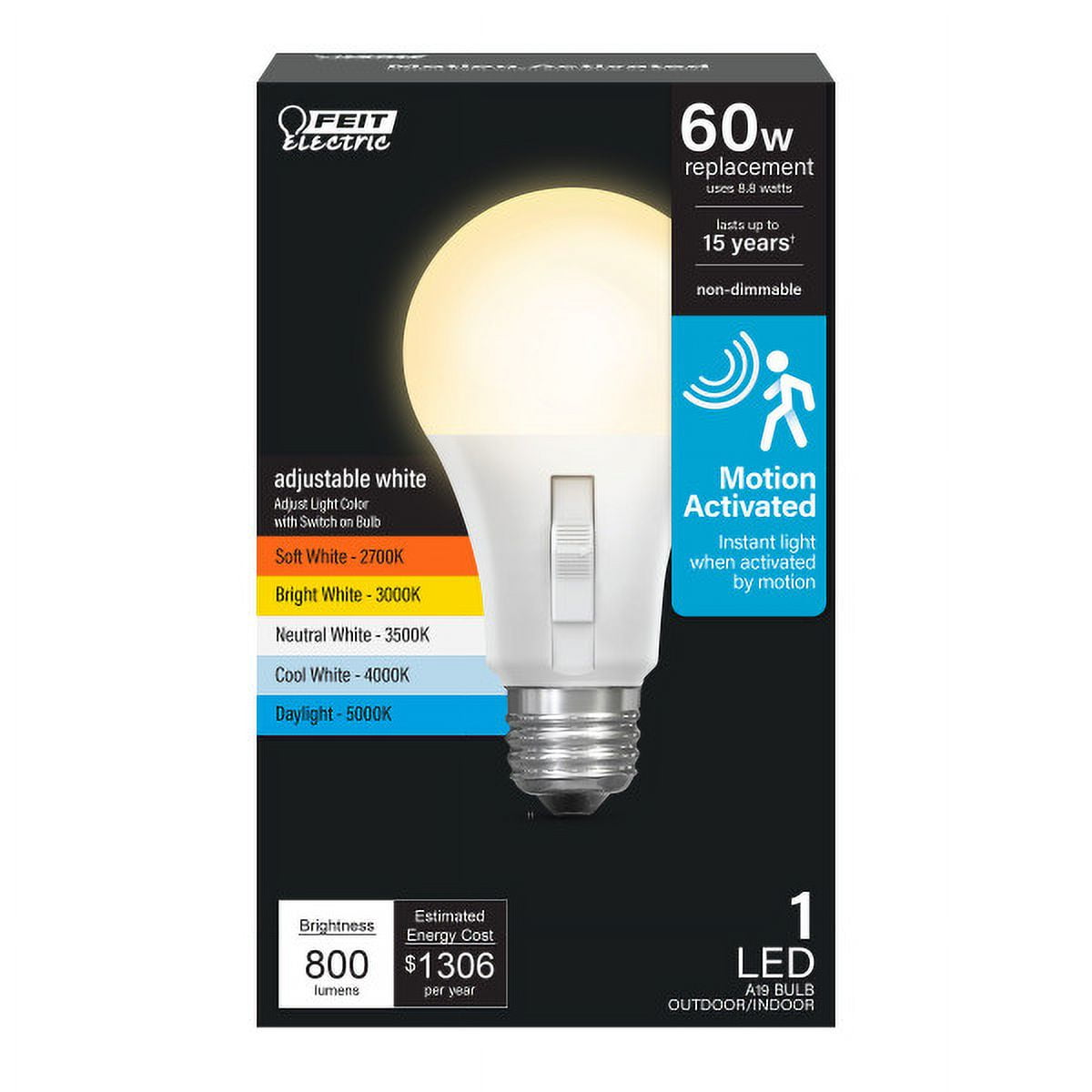 (2 pack) Feit Electric 8.8W (60W Replacement) Adjustable White E26 Base Motion Sensor LED Bulb