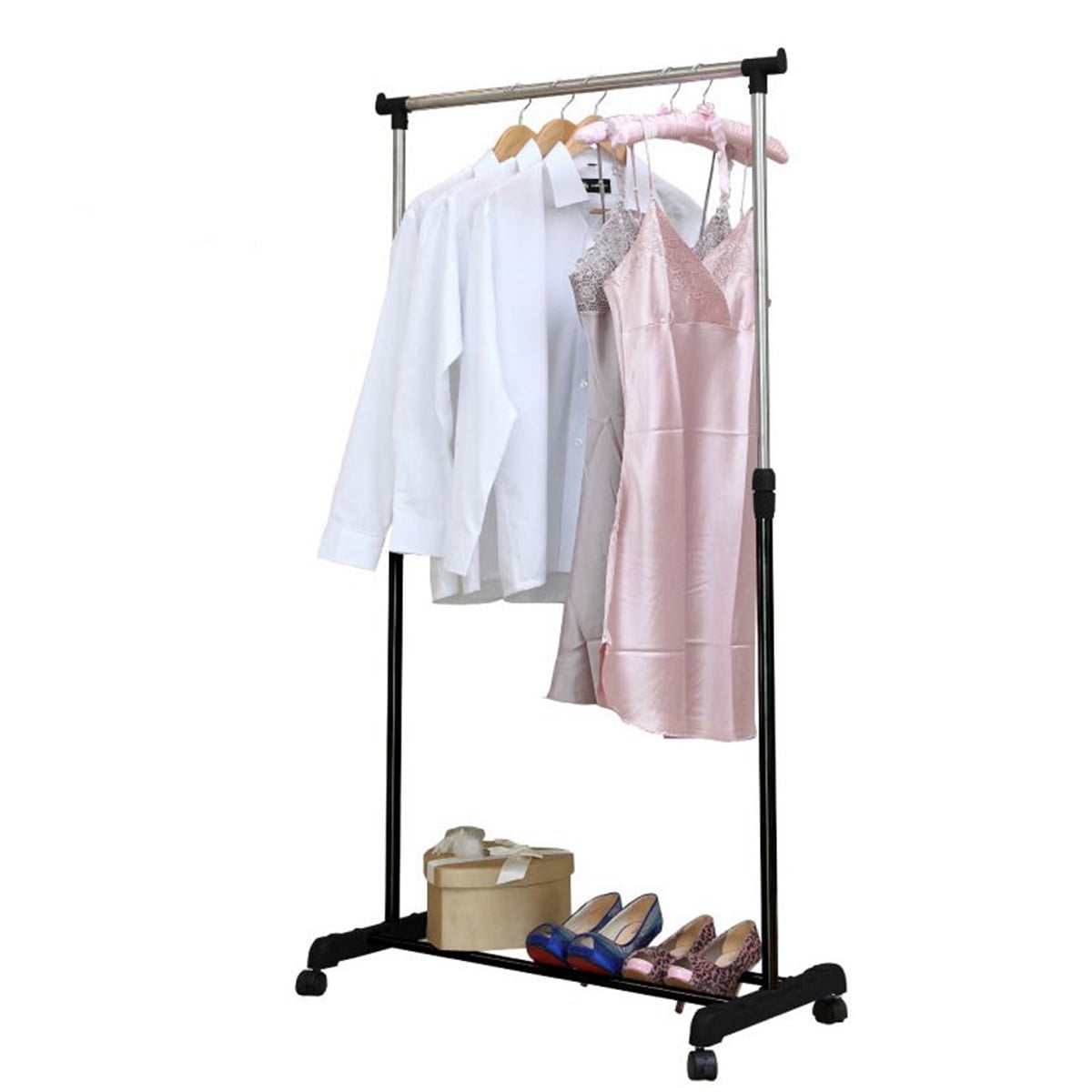 Adjule Free Standing Rolling Garment Rack Single Rail Heavy Duty Adjule Free Standing Rolling Garment Rack Single Rail Heavy Duty Stainless Steel Clothing Portable Indoor Balcony Hanging Drying Stand Mobile With