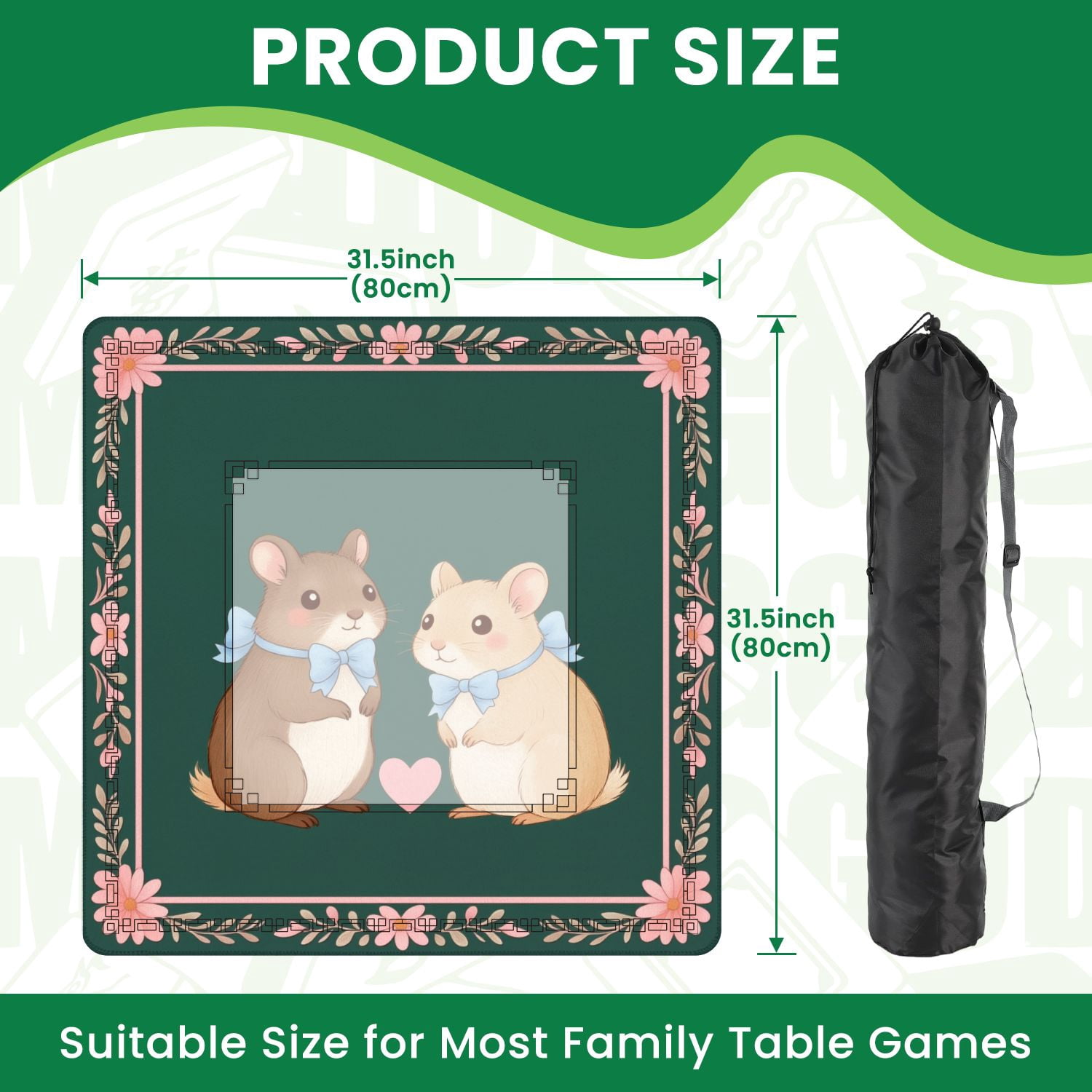 Mahjong Mat 31.5" x 31.5" Cute Hamster Pair Blue Bows Heart Illustrated Style Non-Slip Noise Reduction American Mahjong Tiles Table Cover for Dominoes Poker Card Board Games Gift