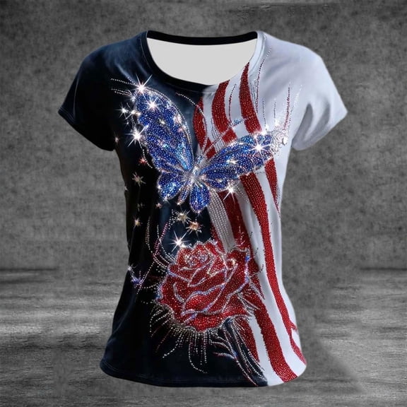 Goodtrade8 Short Sleeve T Shirts for Women Summer American Pullover July 4th Red White and Blue Red White and Blue Independence Day , Graphic Casual Womens Tops Crew Neck