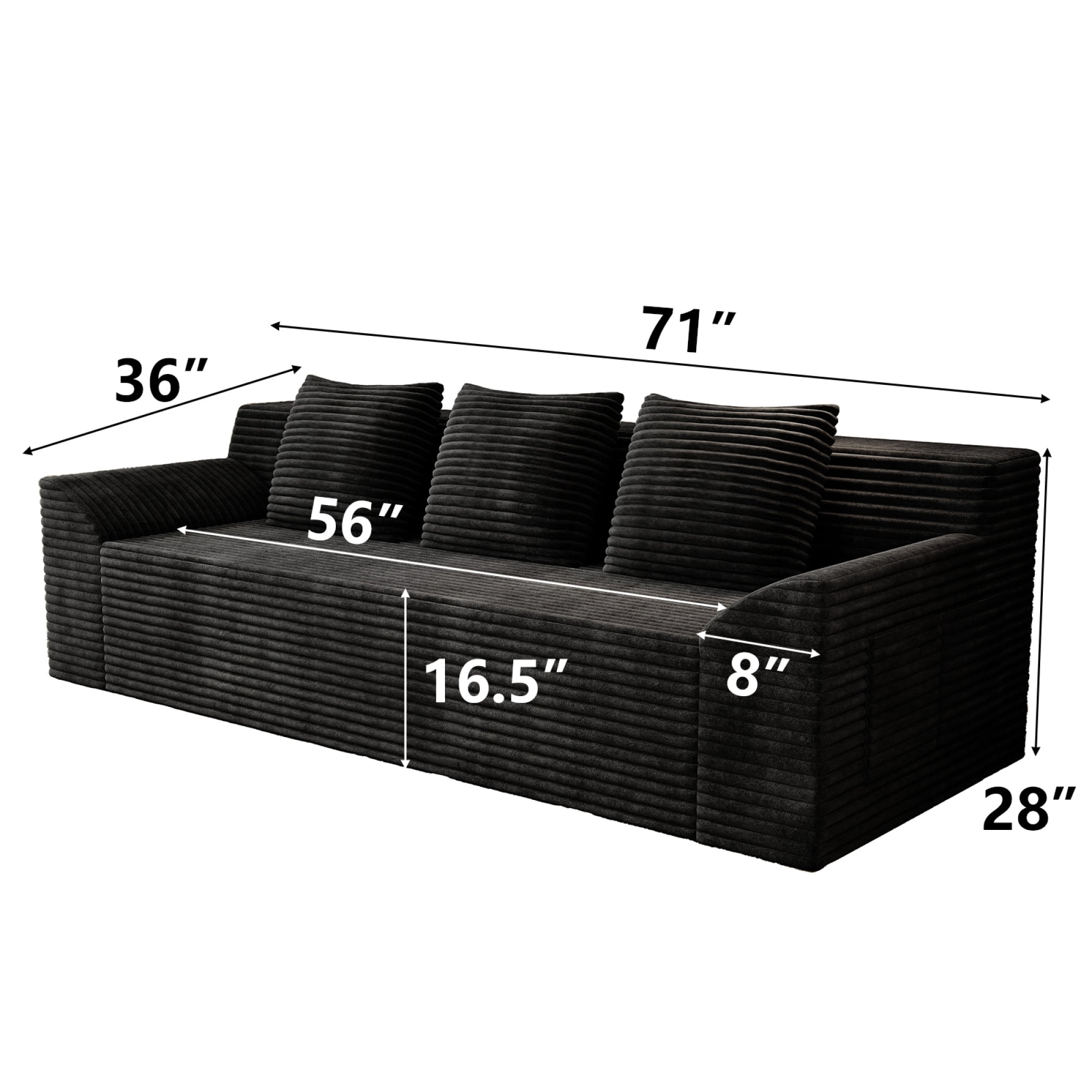 HOQBN 71" Boneless Sofa for Living Room,3 Seater Deep Seat Couch with 3 Pillows,Comfy Corduroy Cloud Couch with Curved Armrests for Bedroom, Office, Apartment, No Assembly,Antique Black