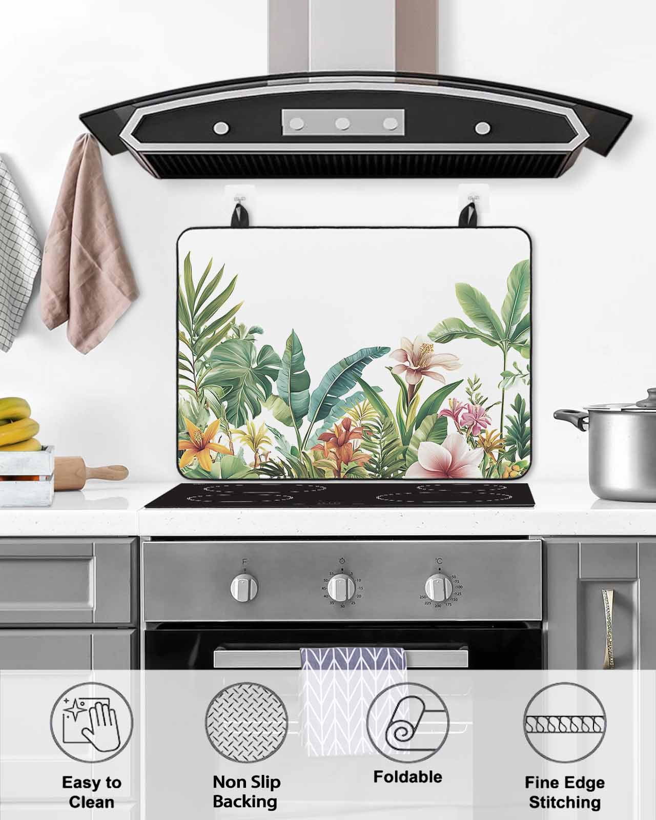 nqOlkjepod Large Induction Cooktop Protector Mat 24"x21", Summer Tropical Stove Top Covers for Electric Stove, Floral Vintage Green Leaves Decorative Stove Burner Cover Mats, Glass Top Stove Cover