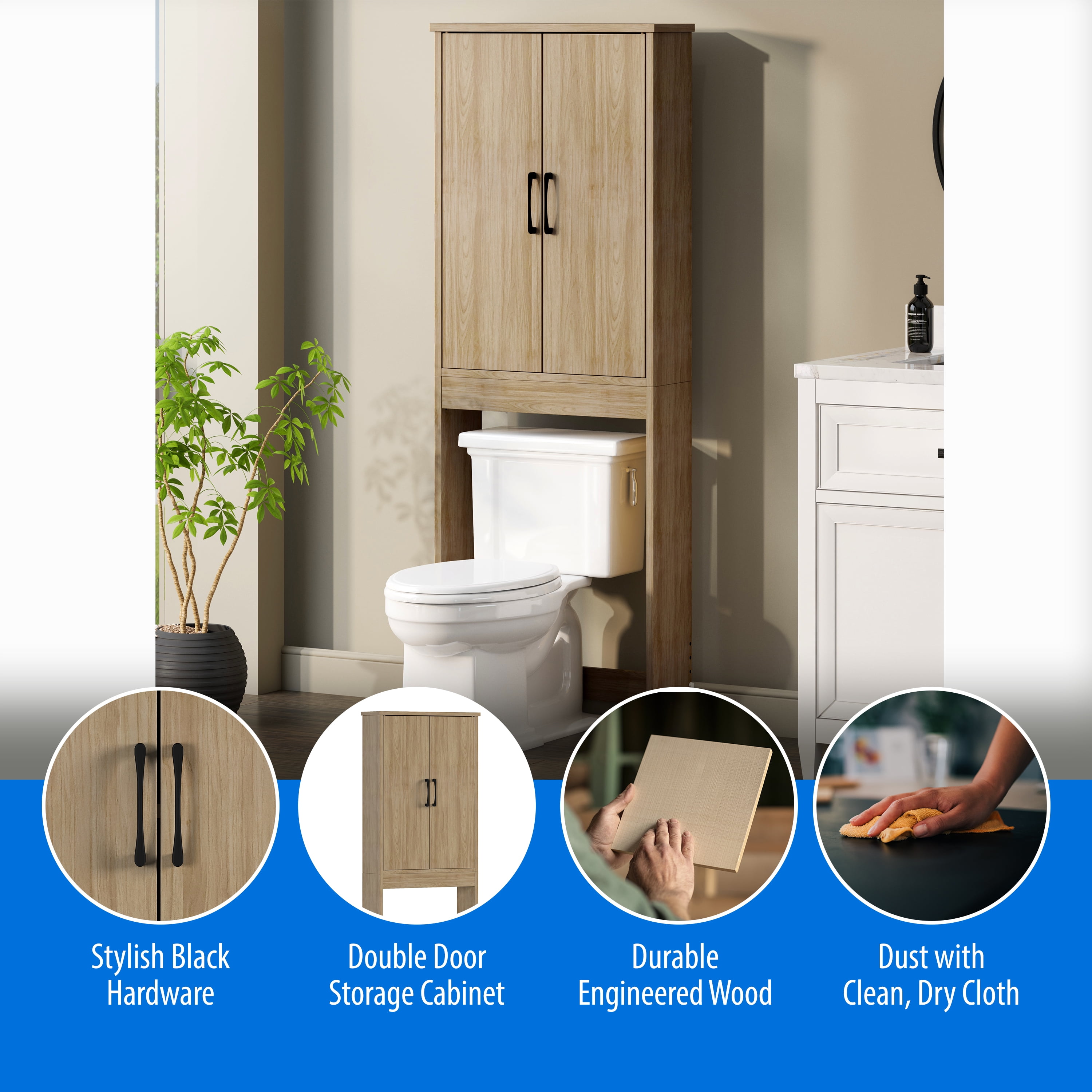 Mainstays Ardent Adjustable 2-Shelf Wood Composite Home with Wall Anchor Tipping Restraint Kit over-the-Toilet Bathroom Storage Cabinet, Euro Oak, 1 Pack