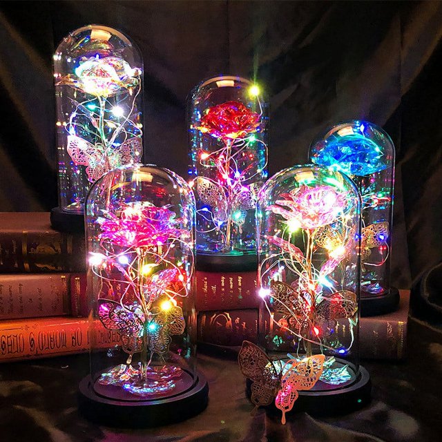 Xihbxyly Lámpara Led de Rosa, Cubierta de Vidrio Dorado, Base Hueca, Funciona con Pilas, Romántica, Regalo de San Valentín, Decoración Del Hogar, 20 X 11 X 9 Cm.