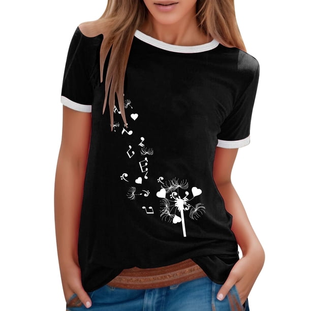 Gibobby Camisetas Mujer Baratas Manga Corta Camiseta manga corta con cuello redondo y estampado color informal para mujer(Negro,XL)