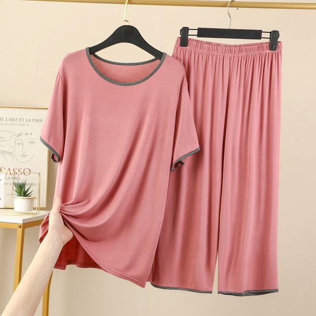 tarylea Ensemble de Pyjamas pour Femmes Costumes à Blocs de Couleur Col Rond Manches Courtes Hauts Taille Élastique Pantalon Grand Décontracté Ample Été Confortable Ensemble de Détente