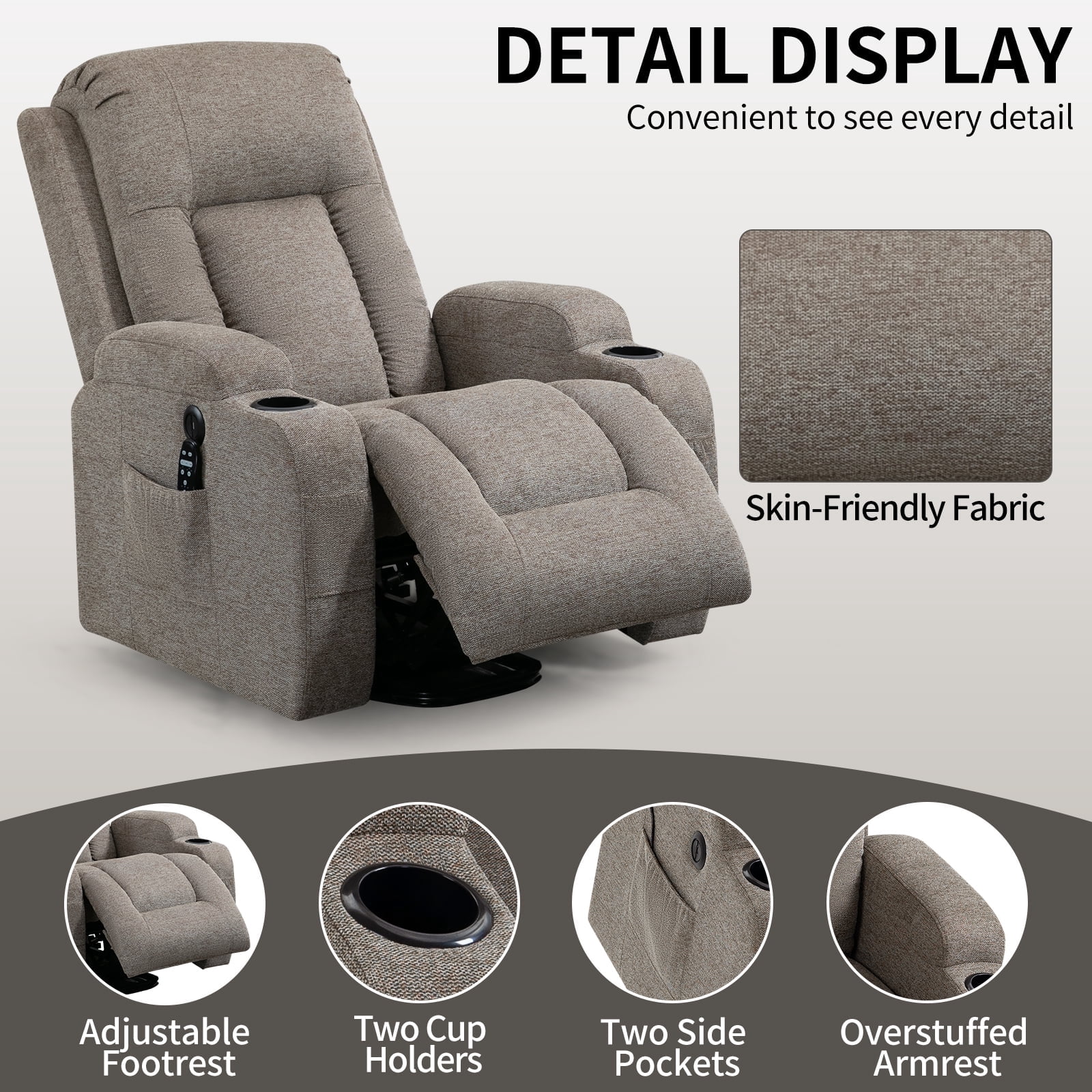 Gewnee Power Lift Recliner Chair,Lift Chair with Heat and Massage,Upgraded Fabric Recliner with USB,Cup Holders & Side Pockets for Living Room or Bedroom.Brown