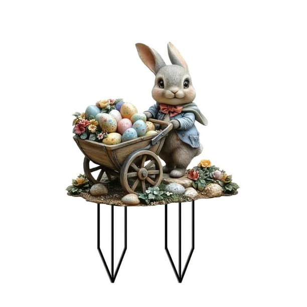 Estaca de jardín, adorno de Pascua, diseño de conejo, letrero festivo de césped con un toque vintage para patios, céspedes, jardines y decoración de primavera de Pascua