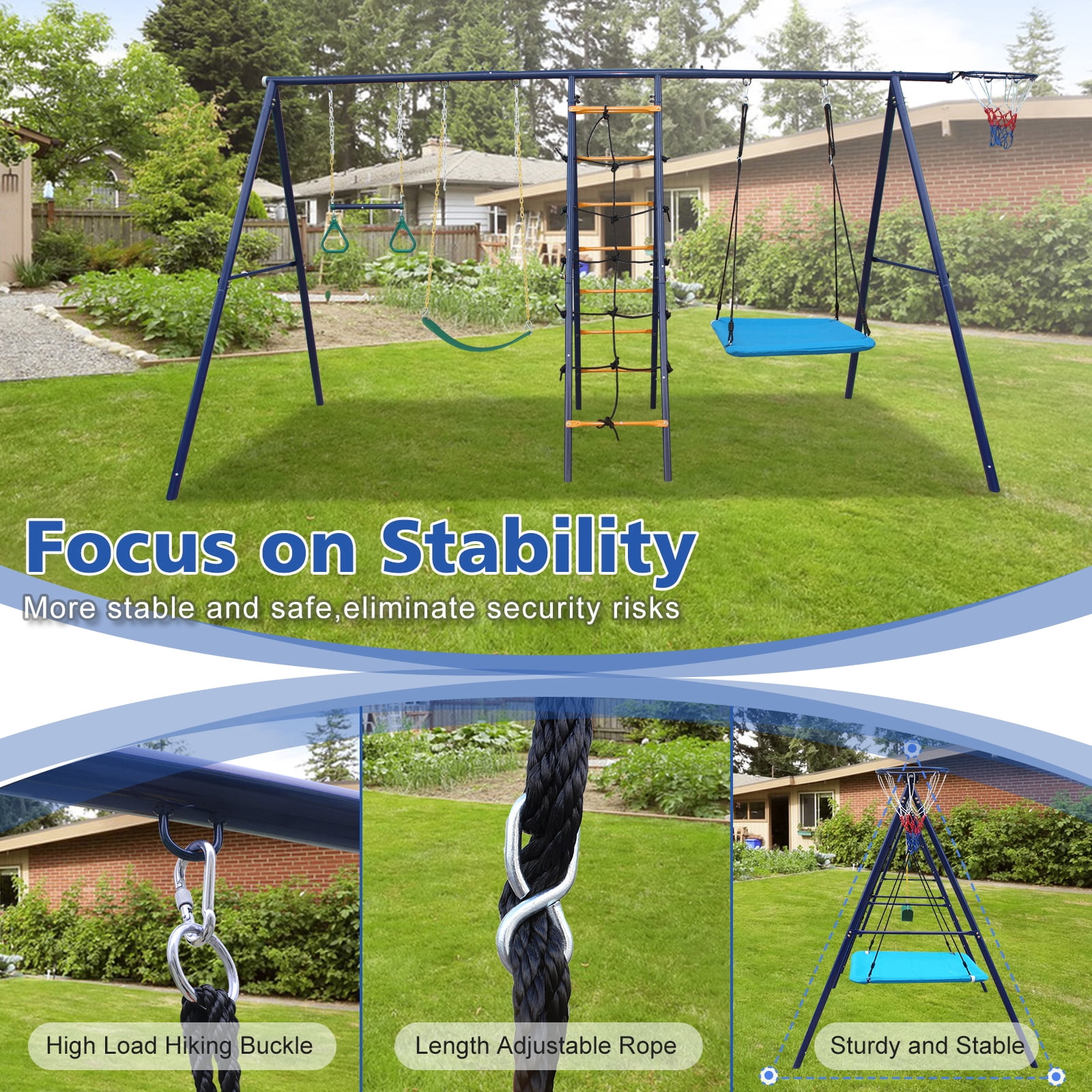 Hommoo 6 in 1 Swing Set With Climbing Ladder, Climbing Net, Trapeze bar, Hammock Swing, Belt Swing, Basketball hoop for Backyard, Multicolor