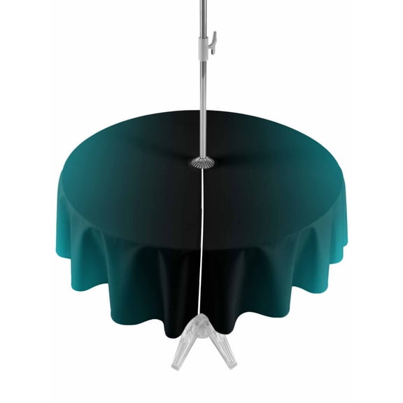 Outdoor Table Cloth with Umbrella Hole and Zipper, Teal Black Ombre Waterproof Round Tablecloth 54 Inch, Gradient Contemporary Abstract Art Washable Table Cover for Outside Party Patio Picnic