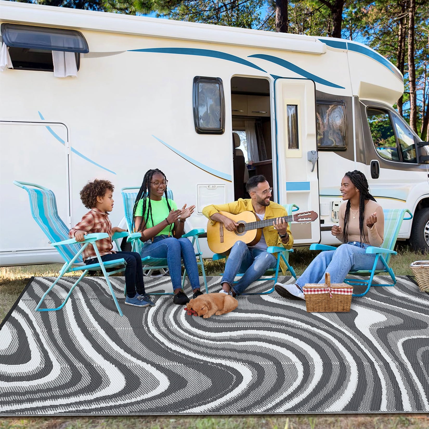Garvee Outdoor Rug 5'x8' Abstract Plastic Area Rug Waterproof Reversible Outdoor Carpet, Plastic Straw Rug for Patio RV Camping Balcony Deck Backyard, Gray