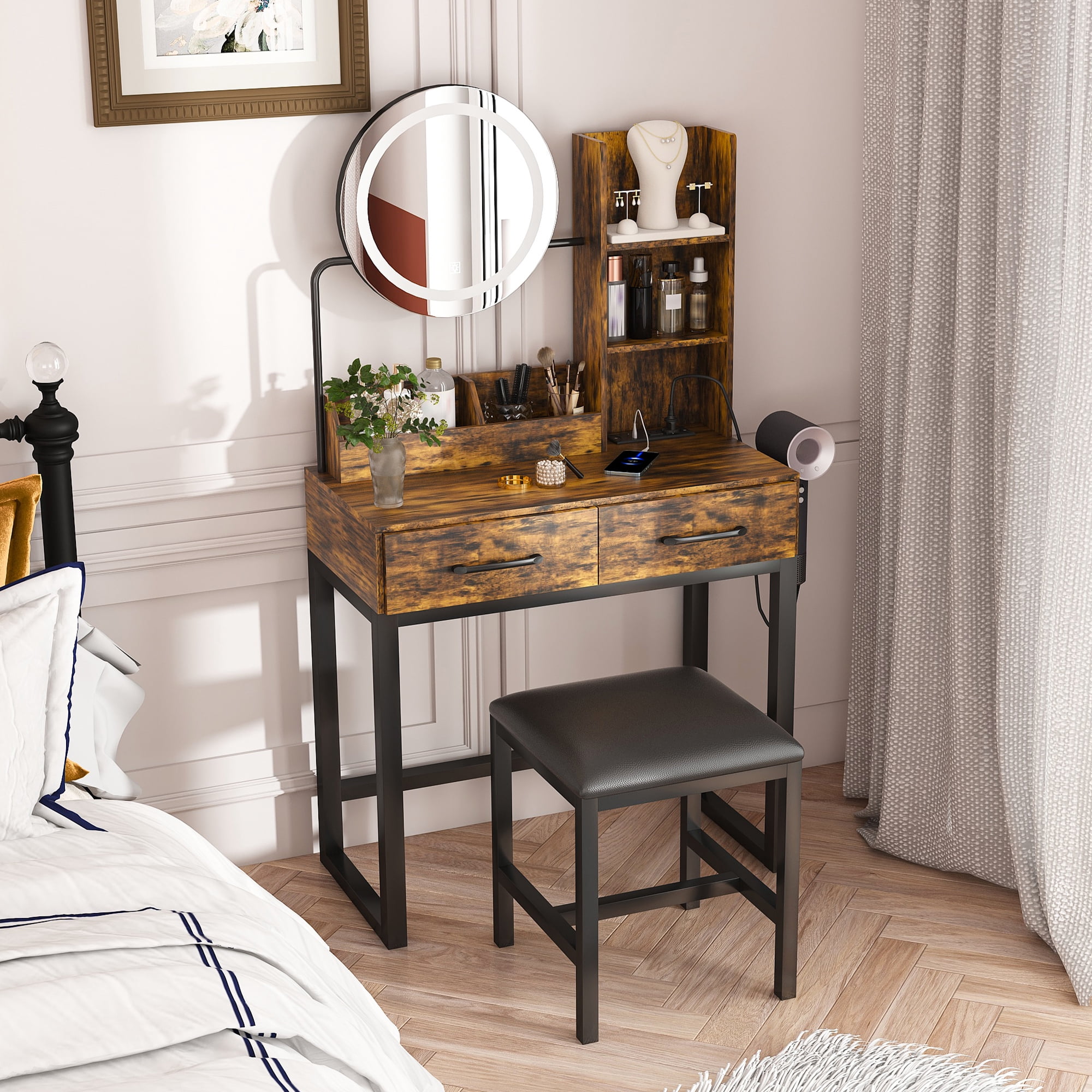 Jopath Vanity Desk with Mirror and Lights,Makeup Vanity Table with 2 Drawers and Metal Leg,Dressing Table for Bedroom,Dressing Room,Brown