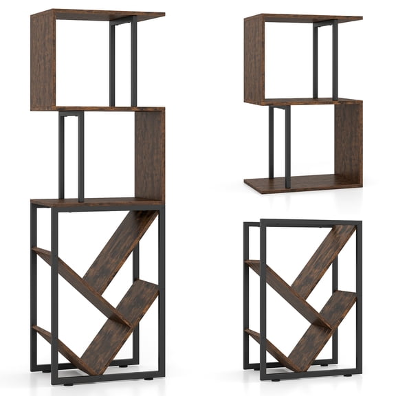 Gymax 6-Tier Bookshelf Industrial S-Shaped Geometric Bookcase w/ Open Display Shelves