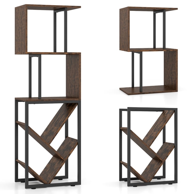 Gymax 6-Tier Bookshelf Industrial S-Shaped Geometric Bookcase w/ Open Display Shelves
