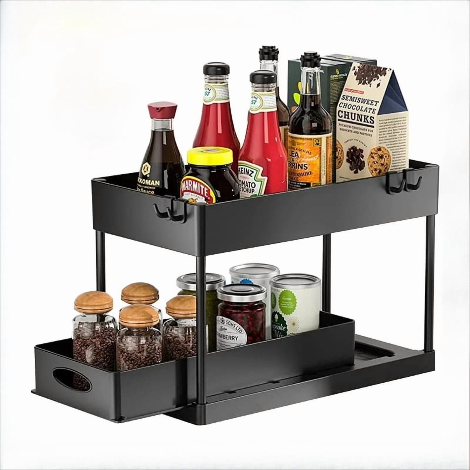 2 Tier Under Sink Organizer Sliding Cabinet Basket with Hooks Hanging Cup - New Bathroom Kitchen Space-Saving Rack