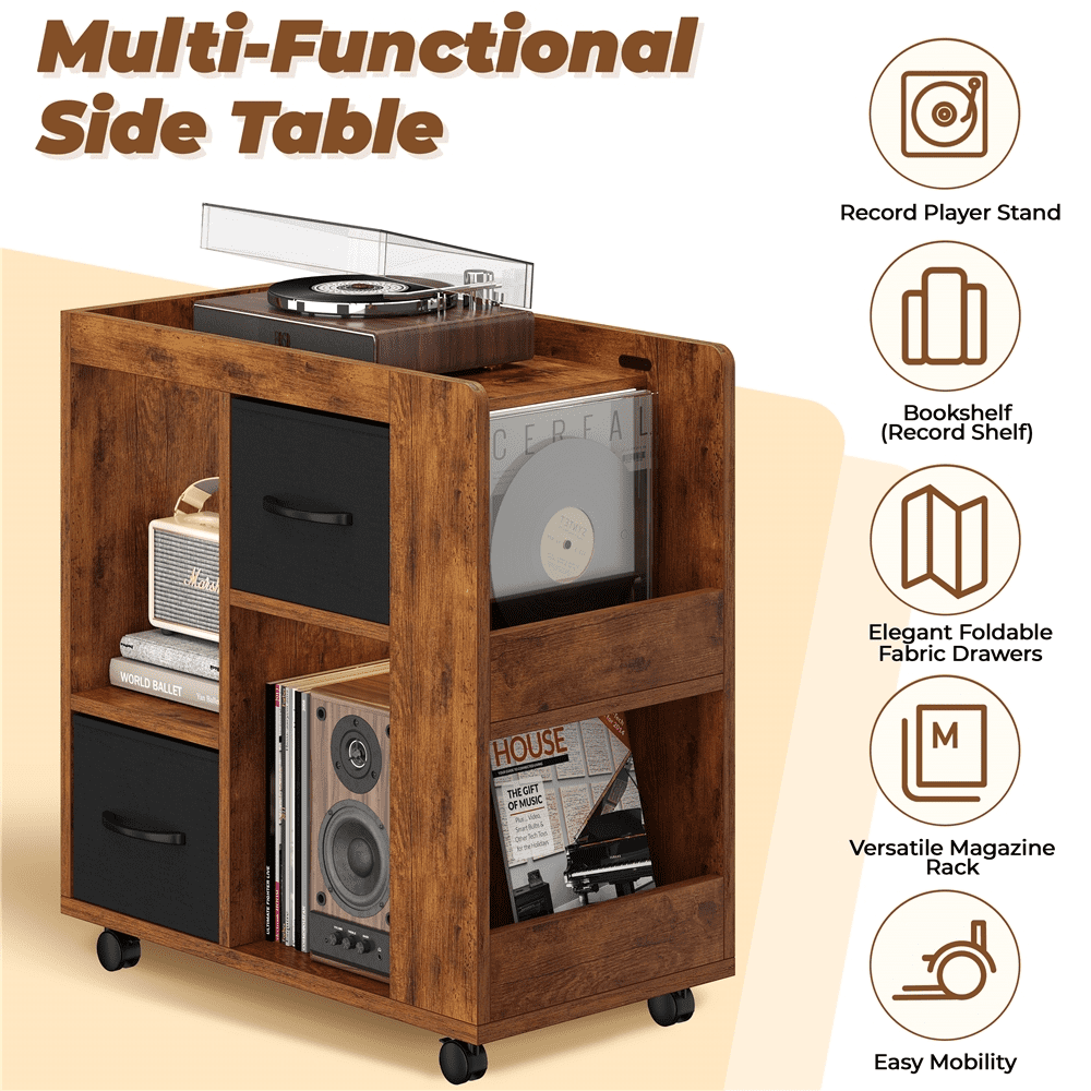 Renwick Modern Wooden Rolling Side Table with 2 Foldable Fabric Drawers and Magazine Racks, Rustic Brown