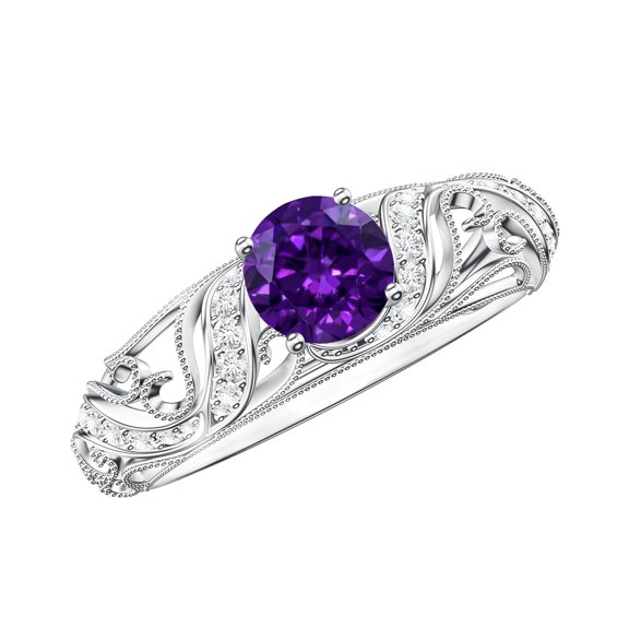 Rosec Jewels Vintage Inspired Amethyst Engagement Ring with Diamond (1.2 Carat, AAA Quality Amethyst) - with Jewelry Box, 925 Sterling Silver, US 4.00