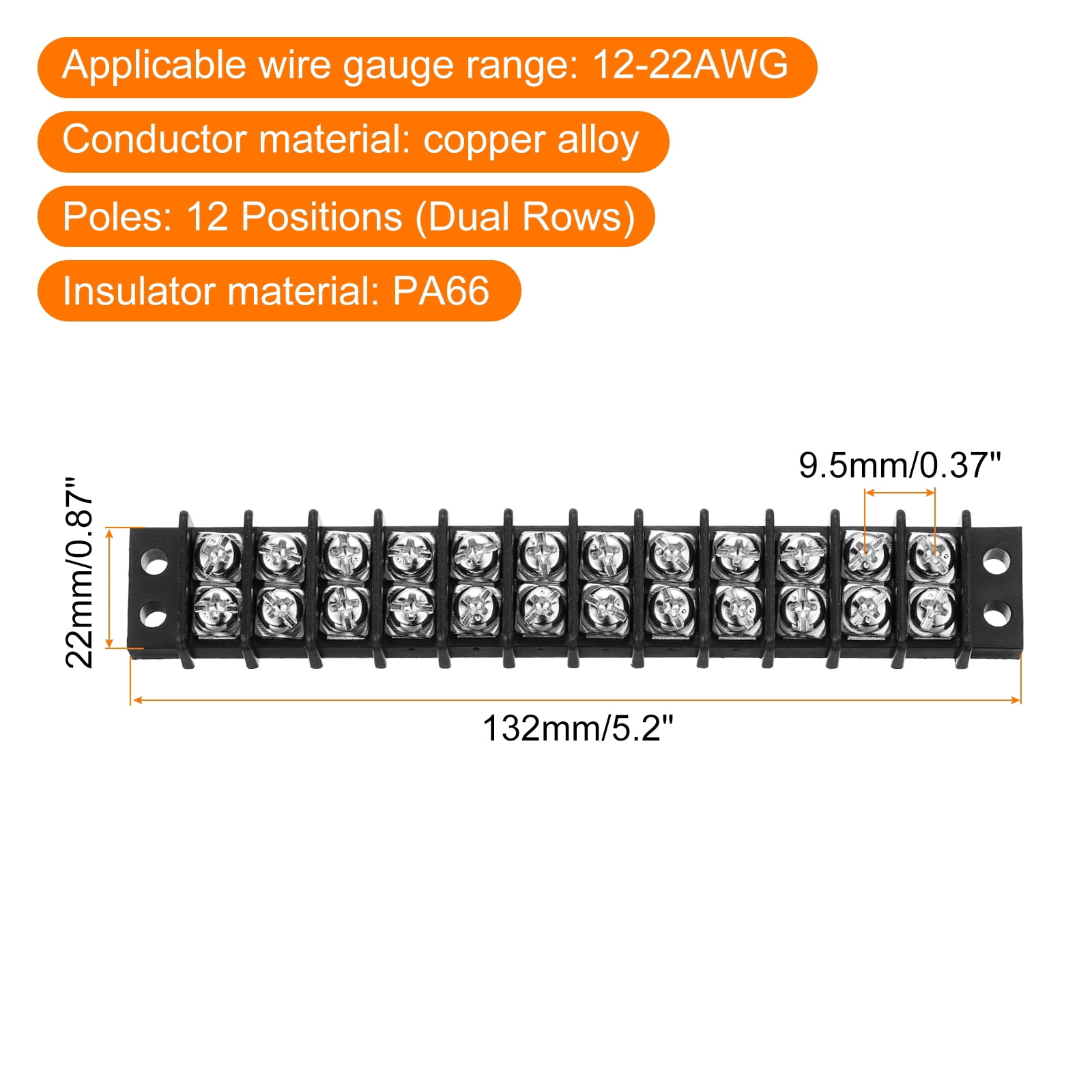 6 Pcs 12 Positions Terminal Block 300V 20A 9.5mm Pitch Dual Rows 12 Circuits DIN Row Screw Terminals Strip