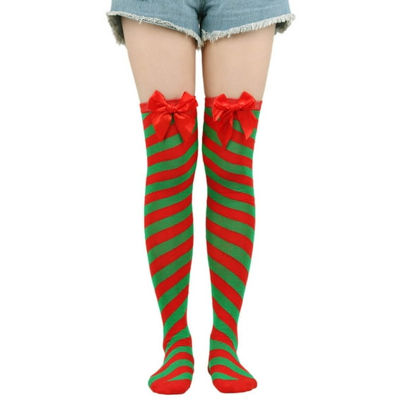 Diufon Christmas Socks for Women Striped Bowknot Knee Length Stockings Thin Thigh High Leggings for Youth Girls