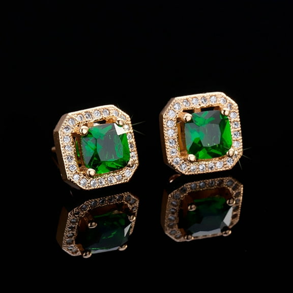 CZ Stud Earrings 2ct princess cut Cubic Zirconia 18K yellow gold plated halo square men women gift (Emerald-green)