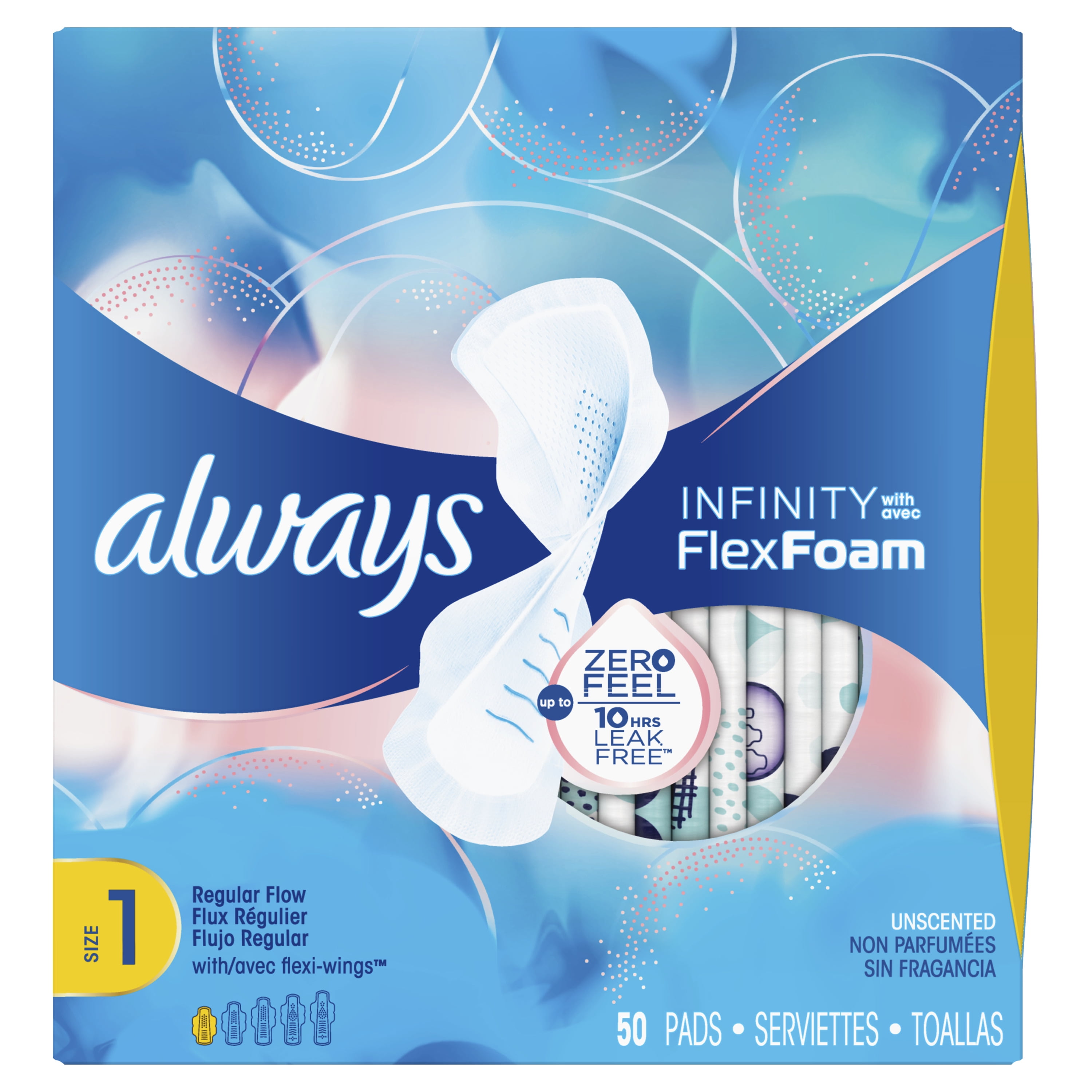 Always Infinity Regular Pads with Wings, Unscented, Size 1, 50 ct