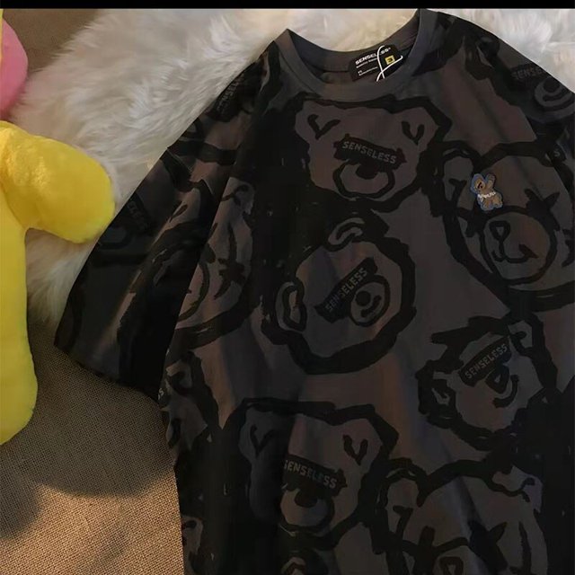 Verano nuevo estilo marea nacional estampado completo oso de dibujos animados Kawaii camiseta de manga corta mujer Retro suelta Harajuku Casual de gran tamaño Tan Jianjun unisex