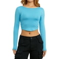 thumbnail image 2 of Women Y2K Long Sleeve Crop Tops Solid Color Round Neck Backless Basic T-shirt 90s Clothes, 2 of 6