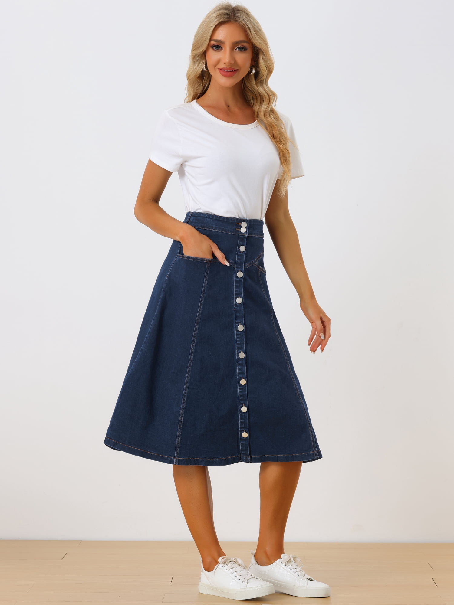 DARING DIVA Women's Buttons Front A-Line Flowy Midi Skirts with Pocket XL Dark Blue