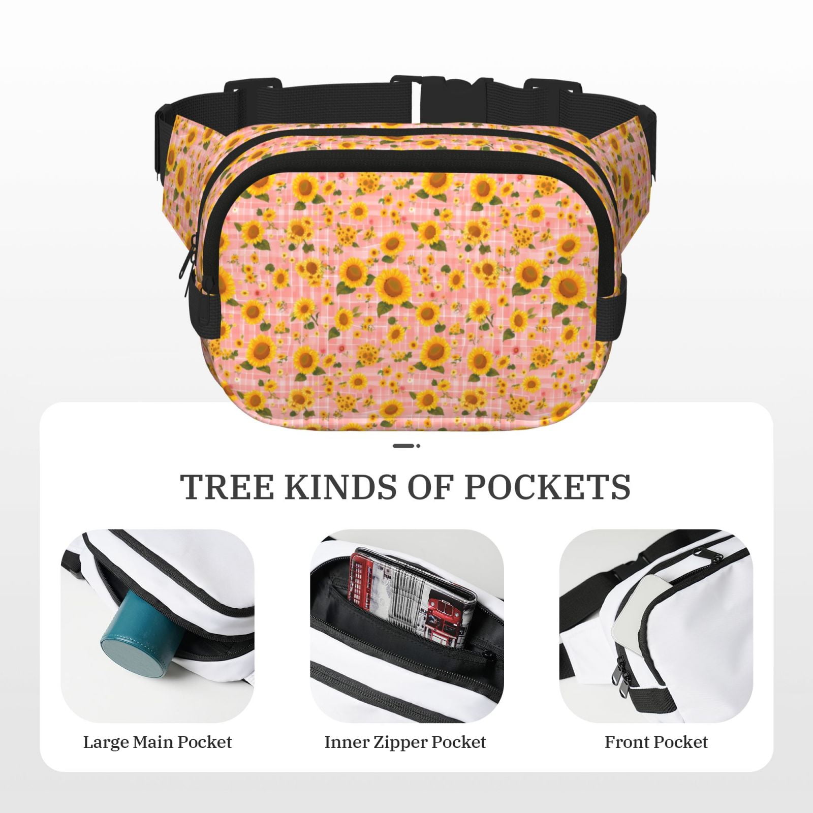 Picia Plaid Sunflower Print Square Double-Layer Waist Bag Mini Adjustable Waist Belt Bag Exercise Running Travel Hiking