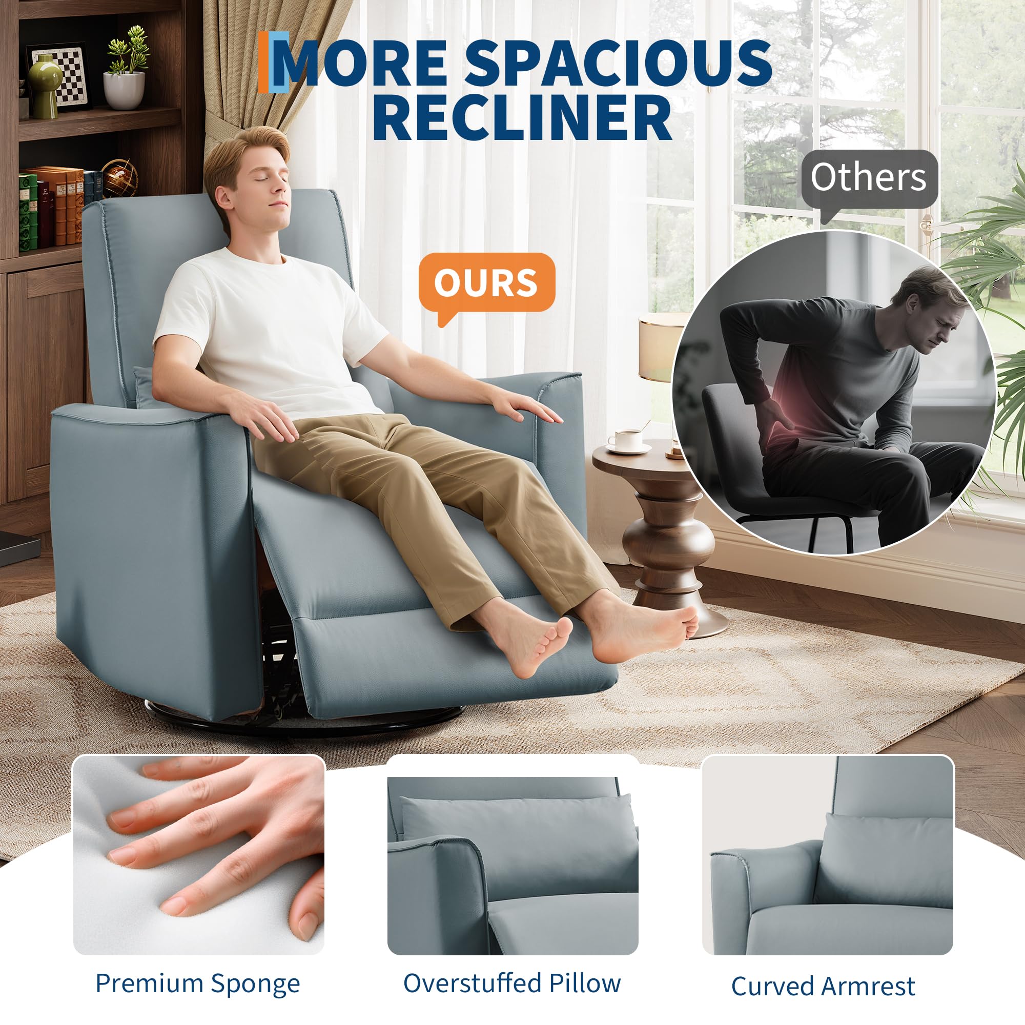 Swivel Rocking Recliner Chair, 360° Leather Recliner with Adjustable Backrest Rocker Recliner Glider Deep Seat PU Leather Sofa Chair with high Backrest for Living Room, Bedroom,Nursery