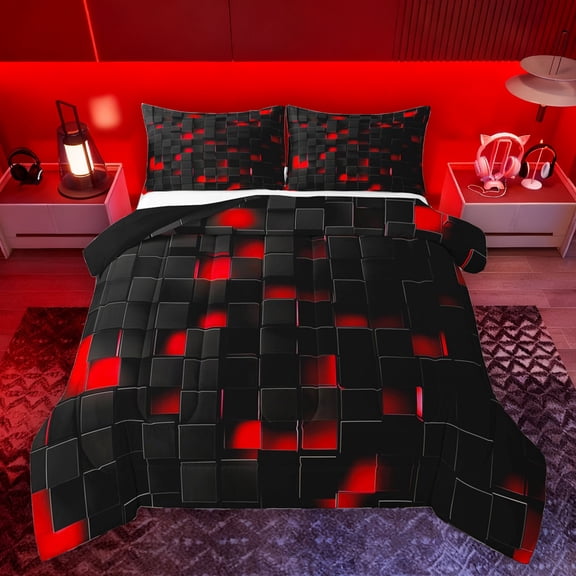 Homewish Neon Red Rectangle Bedding Comforter Set for Adult, Chic Abstract Ombre Twin Comforter Sets, Modern Honeycomb Reversible Bedding Set, Breathable Home Decor, 2pcs