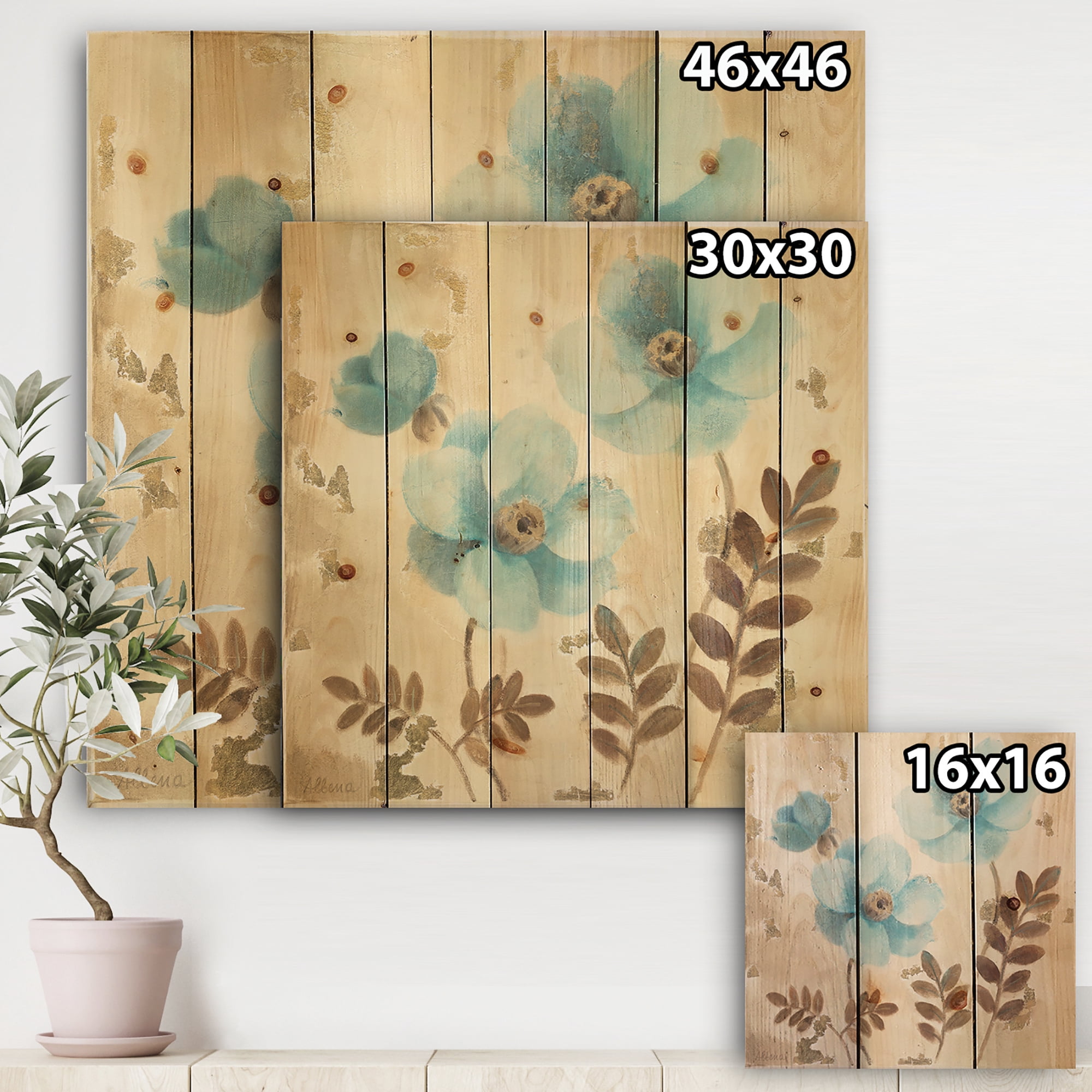 Designart 'Turquoise Poppies Cottage Flowers II' Farmhouse Print on Natural Pine Wood