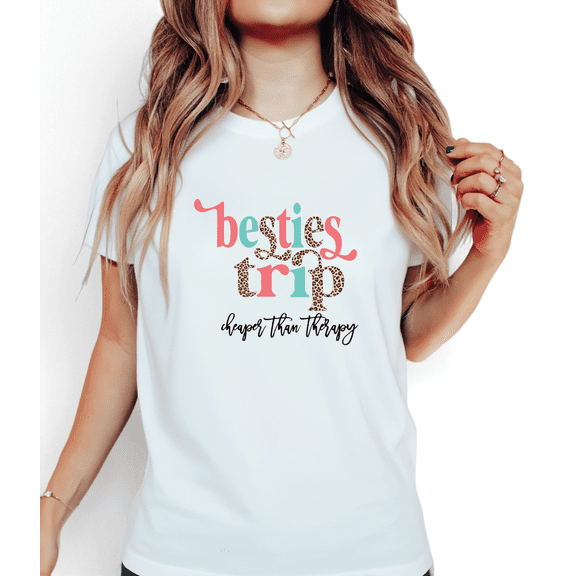Women's White Print Tshirt Graphic Tees Shirts Besties Trip Therapy S-5XL Vibe Top