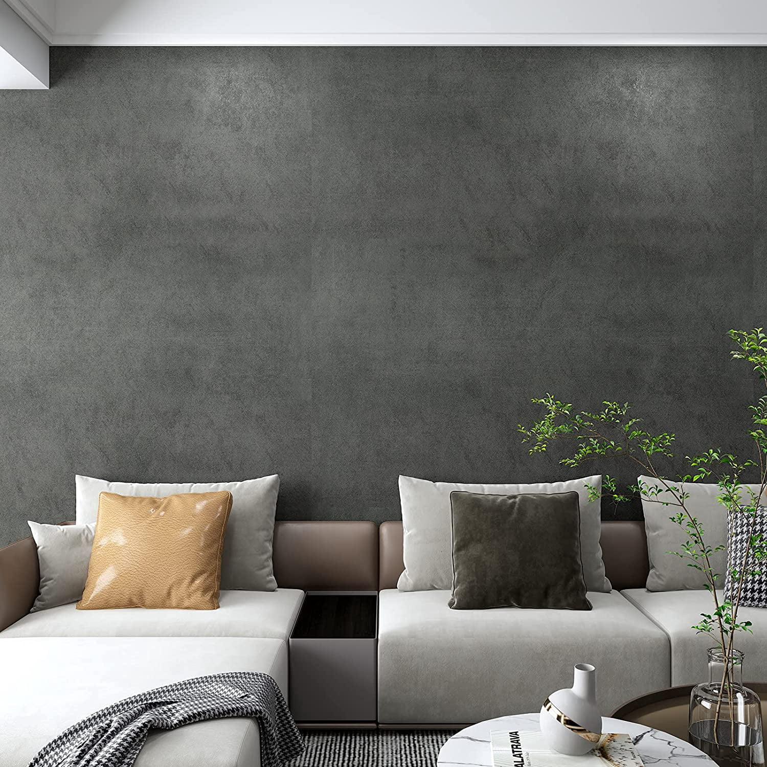 VEELIKE 15.7''x354'' Charcoal Black Concrete Wallpaper Peel and Stick Thick Concrete Contact Paper for Countertops Waterproof Self Adhesive Removable Vinyl Film Decorative for Bathroom Bedroom Garage