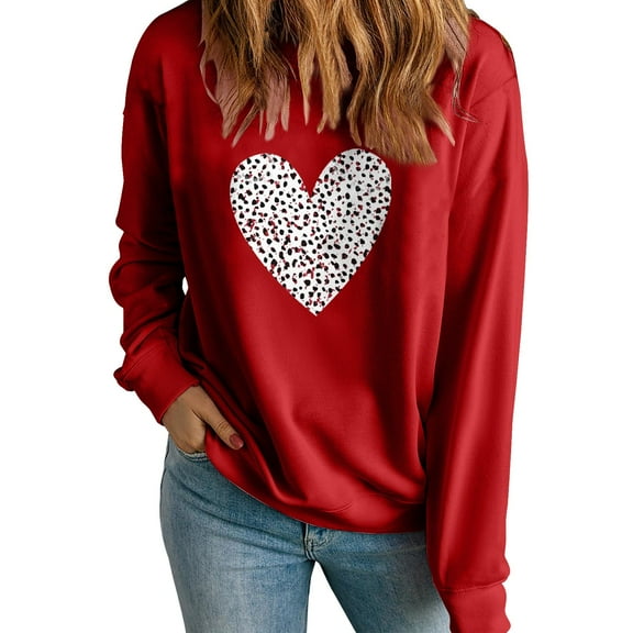 ibuvkizy Womens Sweatshirts Valentines Day Love Heart Round Neck Lover's Love Print Sweatshirt Long Sleeved Pullover Top/shirt Red,XS