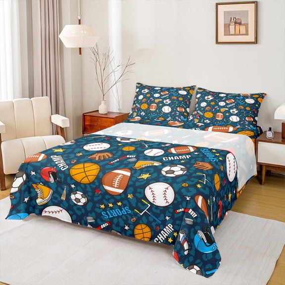 Feelyou Cartoon Football Baseball Twin Sheet Sets, Basketball Gaming Twin Fitted Sheet, Blue Leopard Print Flat Sheet, Ultra Soft Bedroom Decor, 3-Piece