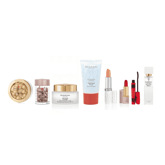 Elizabeth Arden 9‑Piece Skincare & Beauty Gift Set with Ceramide Capsules, Retinol Capsules, Creams, Lipstick, Mascara, White Tea EDT, and Handbag