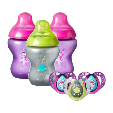 Tommee Tippee Closer to Nature Boldly Go Gift Set, Girl â€“ 3x 9oz Baby Bottles & 3x 6-18mo Pacifiers