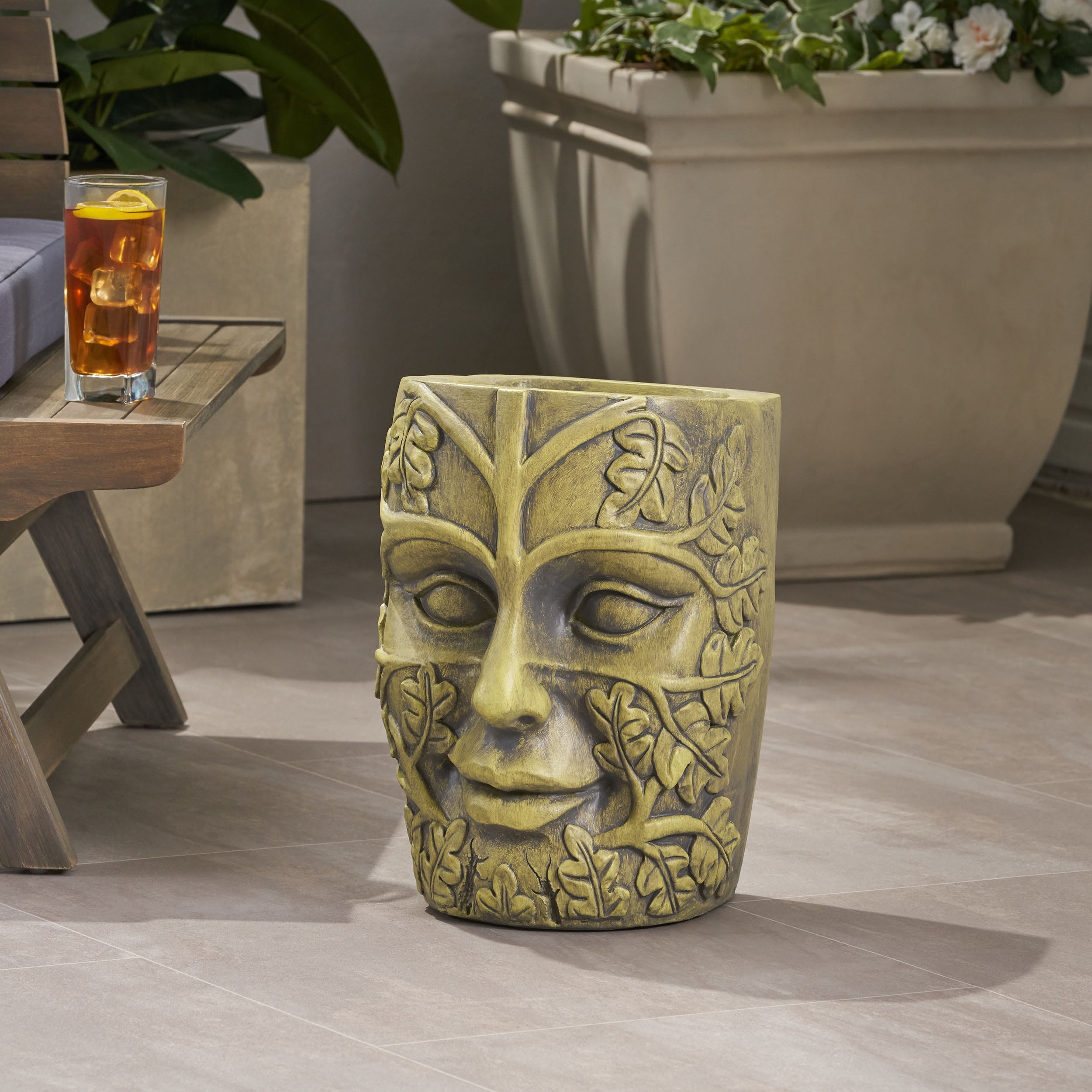 Mintazer MGO Outdoor Cast Stone Easter Island Tiki Totem Urn Planter with Drainage Hole for Patio Backyard Garden, Antique Green