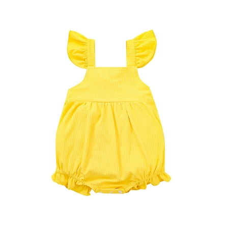 

Puloru Baby Girls Romper Solid Color Square Collar Fly Sleeves One-piece