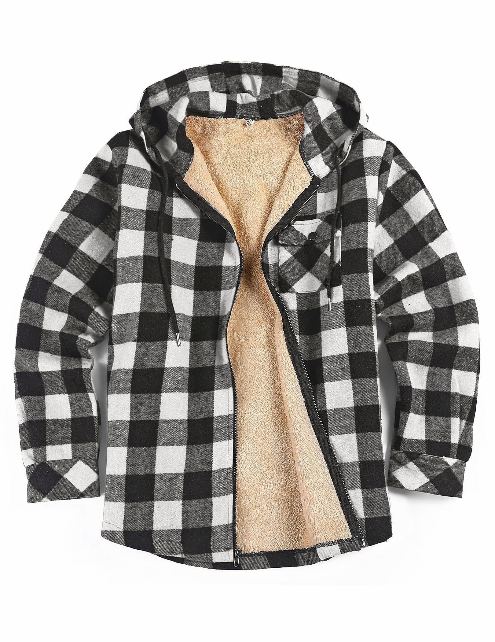 COOFANDY Men's Flannel Hooded Shirt Jacket Plaid Hoodie Zipper Sherpa Lined Winter Thermal Flannel