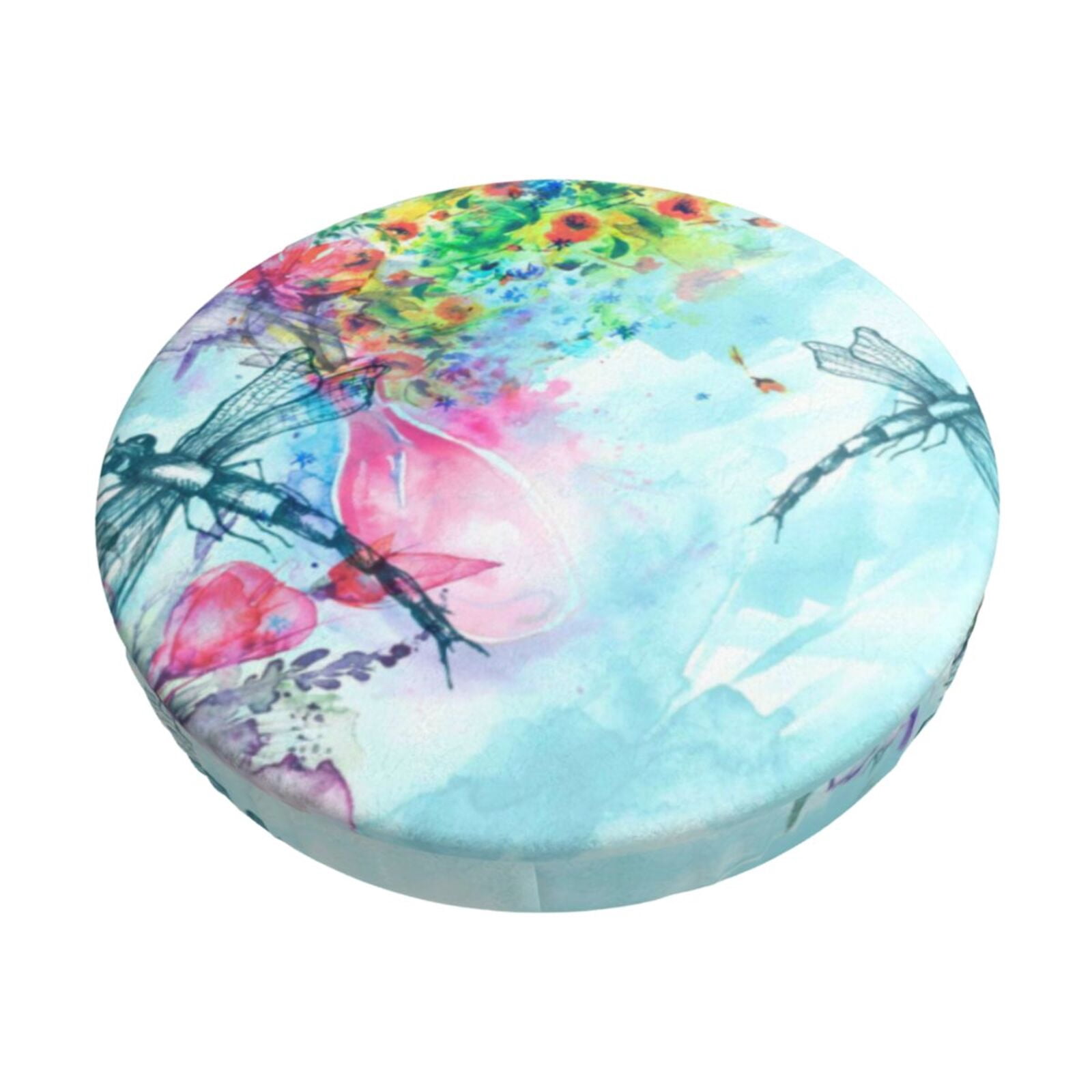 Easygdp Dragonfly Floral Print Easy To Install Bar Stool Covers&Stool Covers Round&Elastic Stool Cover, Barstool Covers,Washable&Bottom With Elastic Edge-14 inch