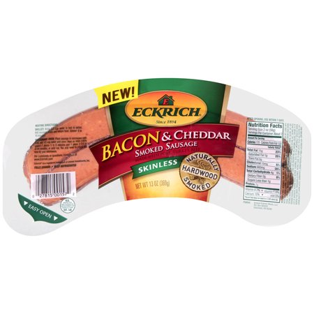 Eckrich Naturally Hardwood Smoked Sausage Rope, Bacon & Cheddar Flavor, Skinless, Great for Your Favorite Recipes, Grilling and More, 13 ounces